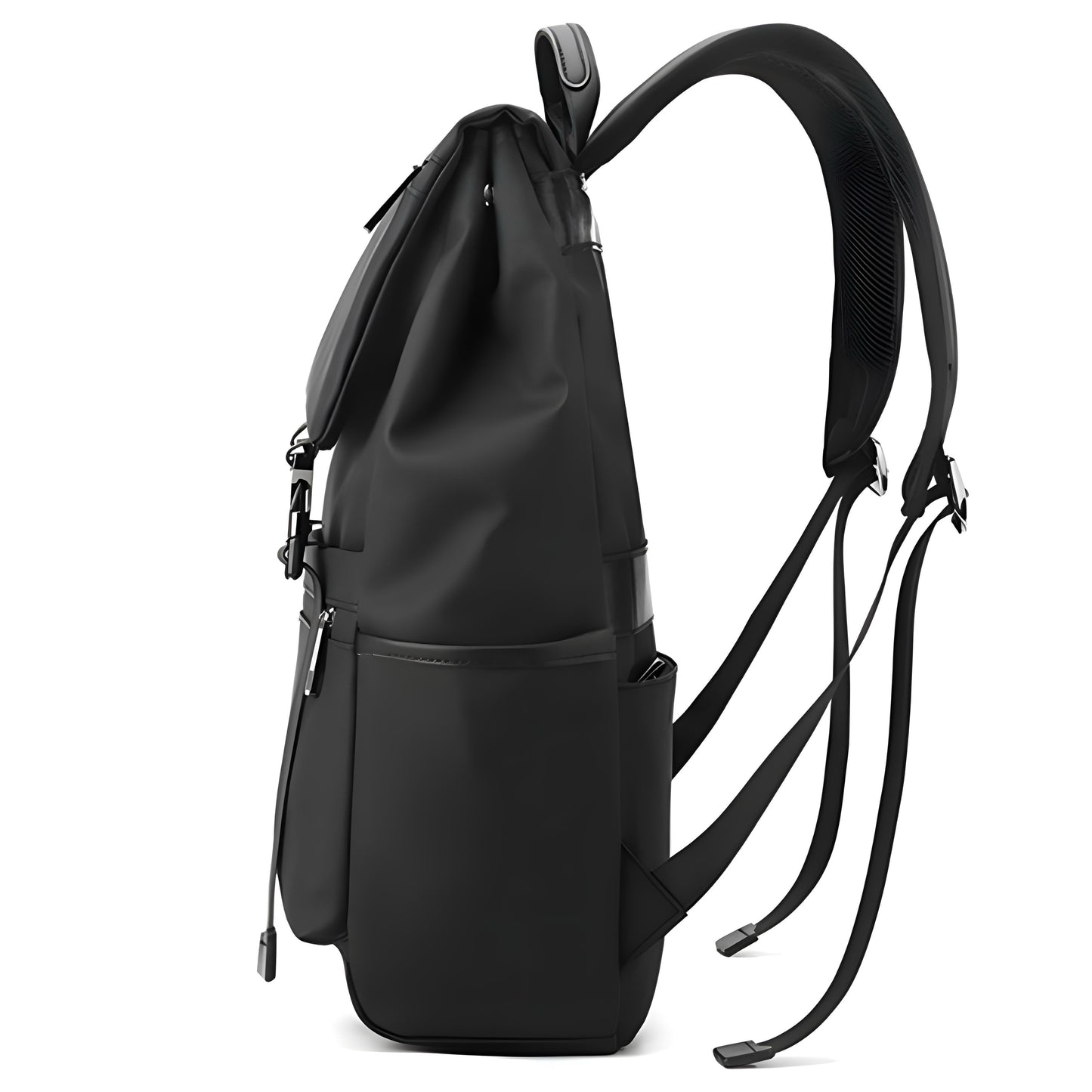 travel backpack black side view