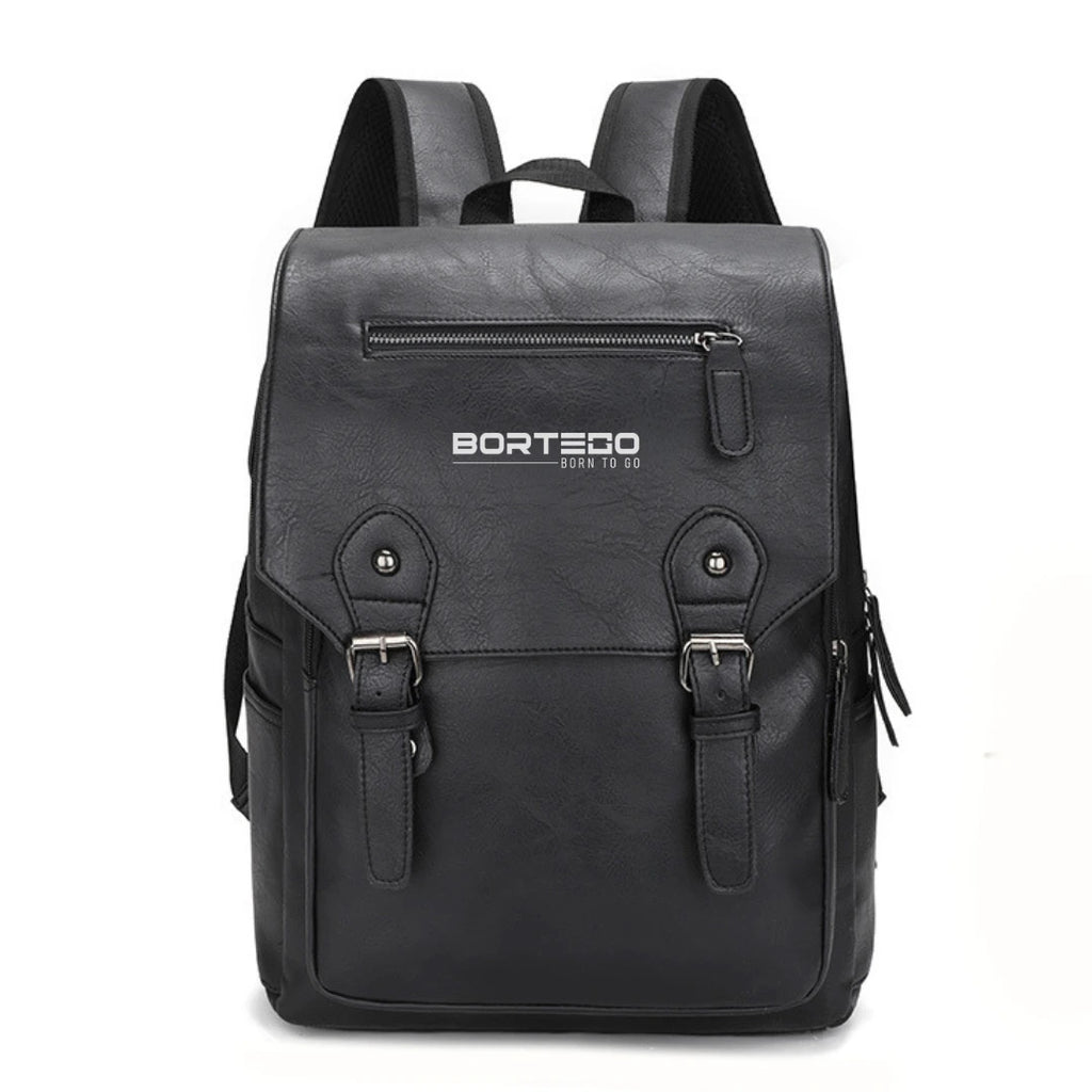 Black backpack with visible brand logo on a white background