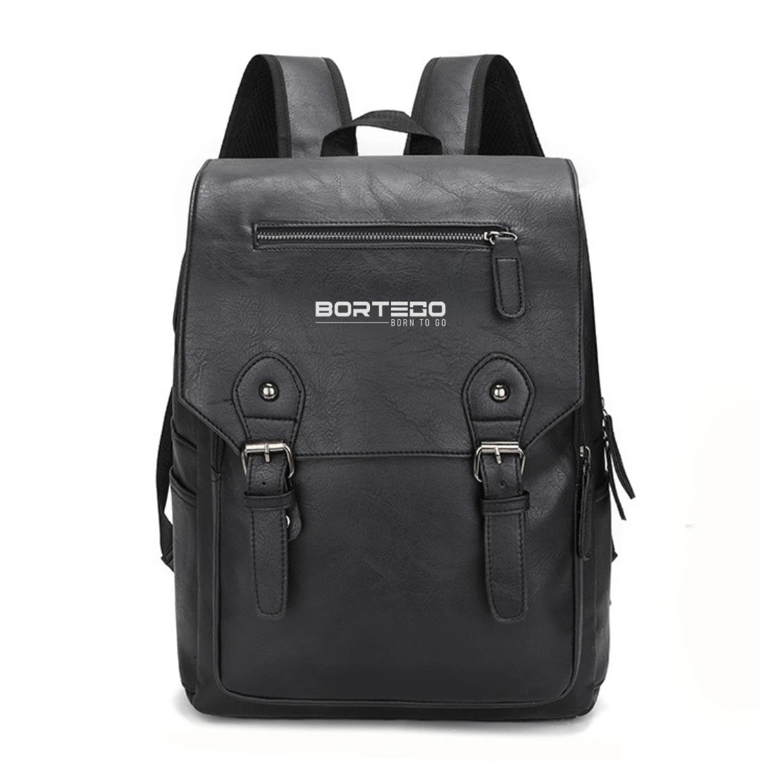Black backpack with visible brand logo on a white background
