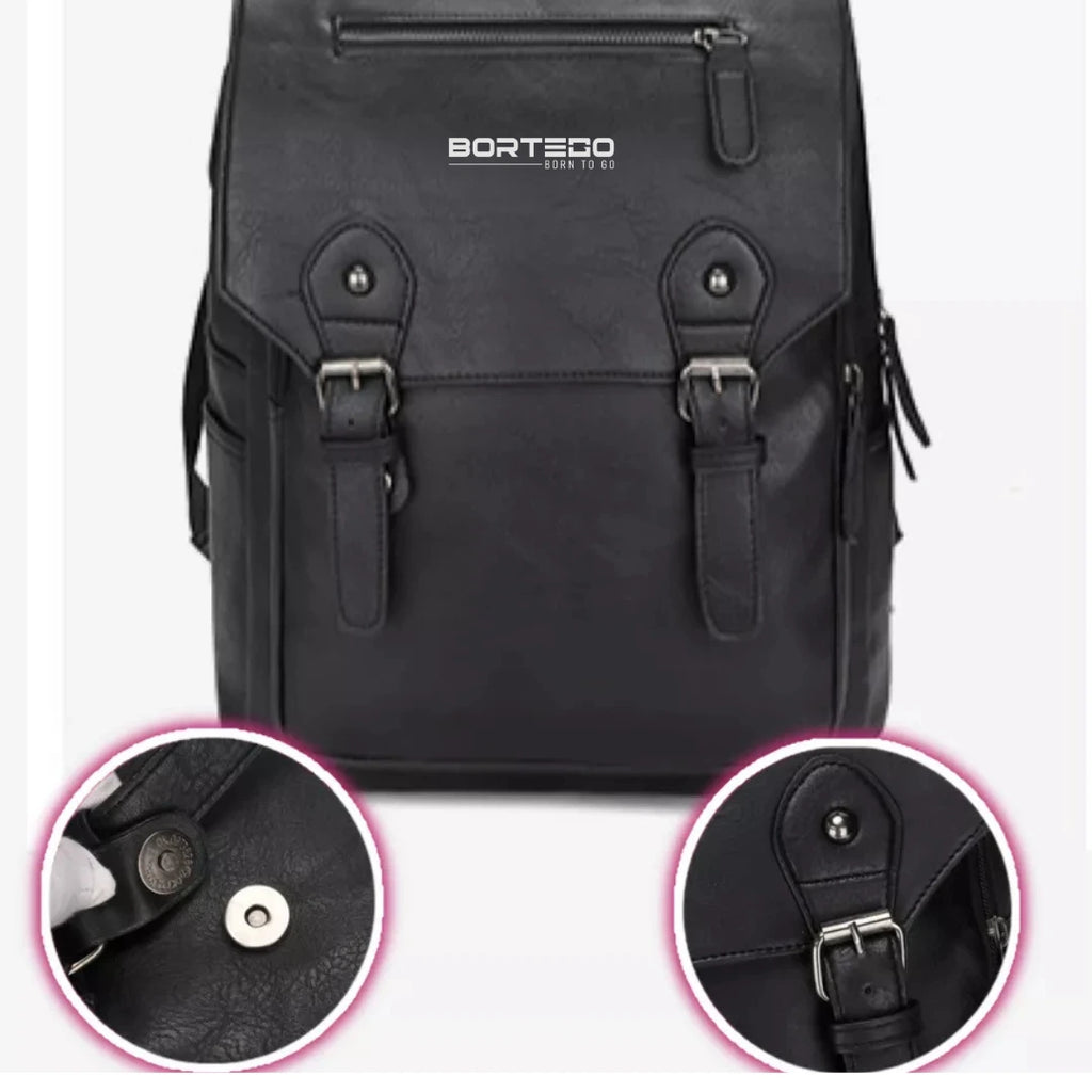 Black backpack with detailed views of buckles and wheels on a white background
