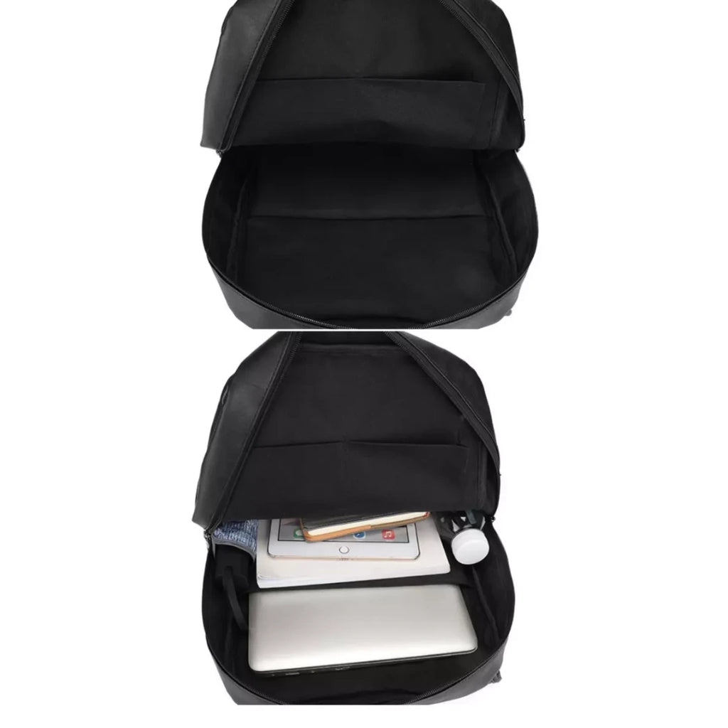Black backpack with compartments showing a laptop and tablet inside on a white background