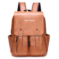 Brown leather backpack with multiple pockets and zippers on a white background