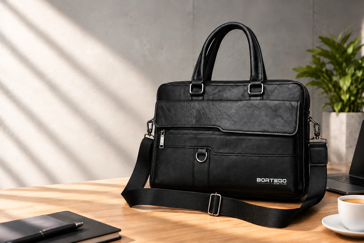 A black textured leather briefcase with dual top handles, a detachable shoulder strap, and silver hardware, styled on a wooden desk with a coffee cup, notebook, and laptop in a modern office setting.
