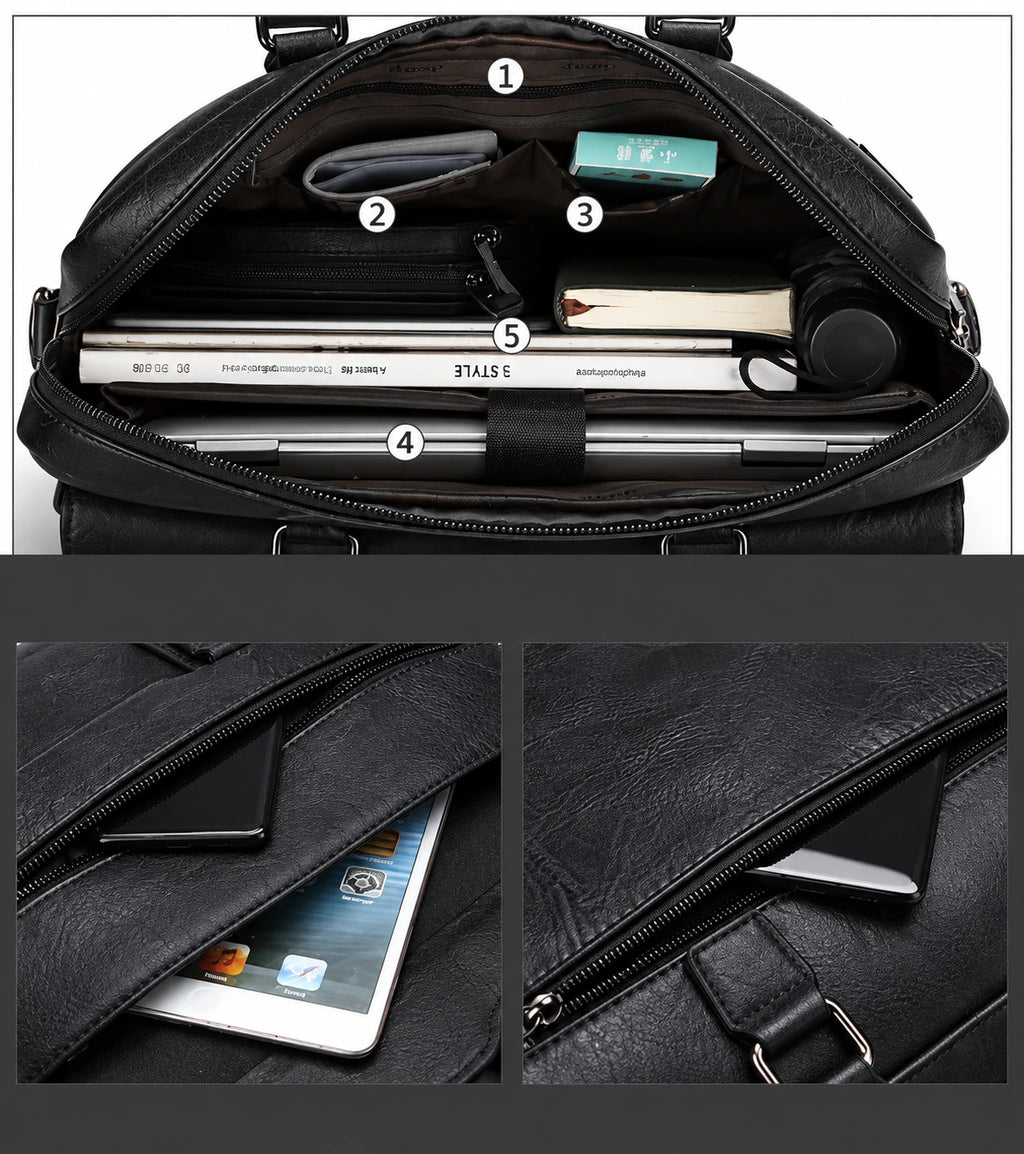 Open view of a black leather or faux-leather briefcase/duffel bag showing interior compartments and labeled storage areas, with two smaller inset close-ups of the exterior pocket and zipper details.