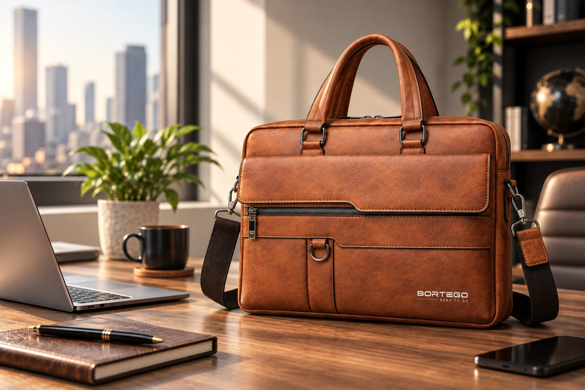 A brown leather briefcase-style laptop bag with top handles, a front zip pocket, and a detachable shoulder strap, displayed on a wooden desk in a modern office setting with a laptop, notebook, and city skyline visible in the background.