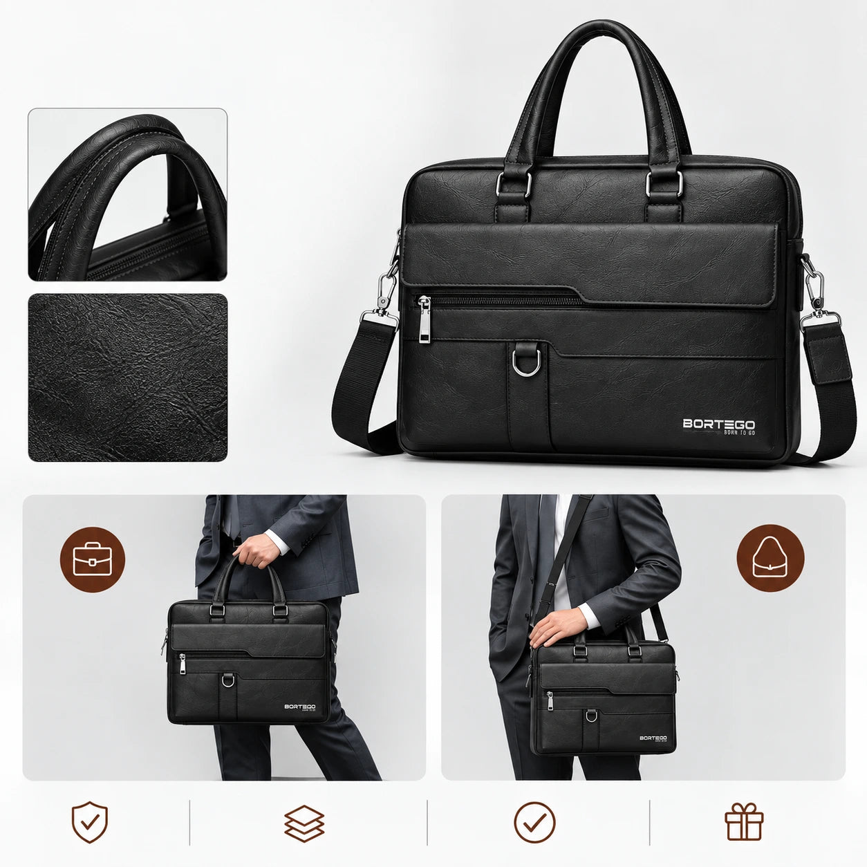 Black business briefcase with dual top handles, a detachable shoulder strap, and a front zip pocket, shown on a light gray background with detail insets and lifestyle model views.