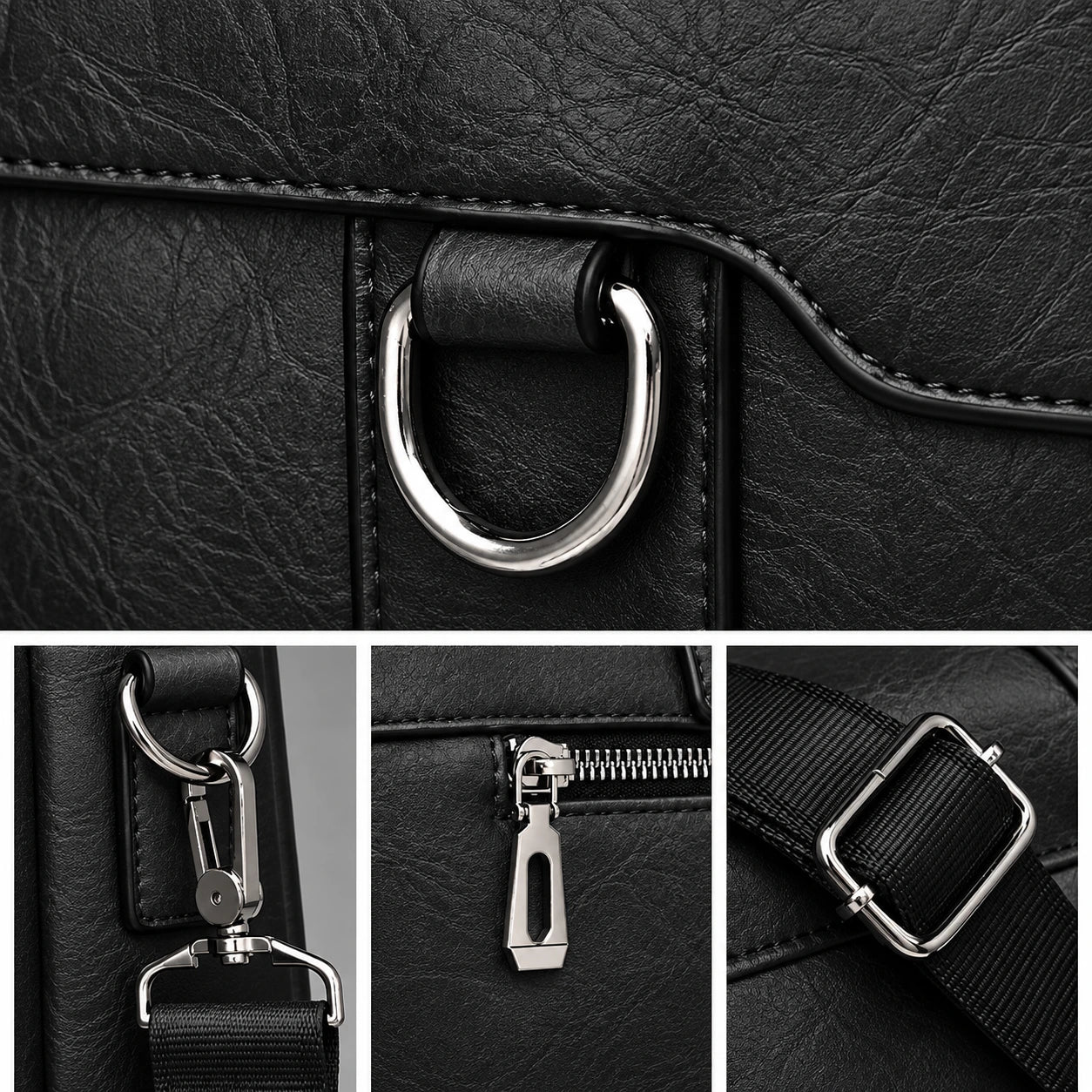 Close-up detail shots of a black faux-leather bag, showing a large silver metal D-ring, a zipper pull, and a black adjustable strap with a silver buckle.