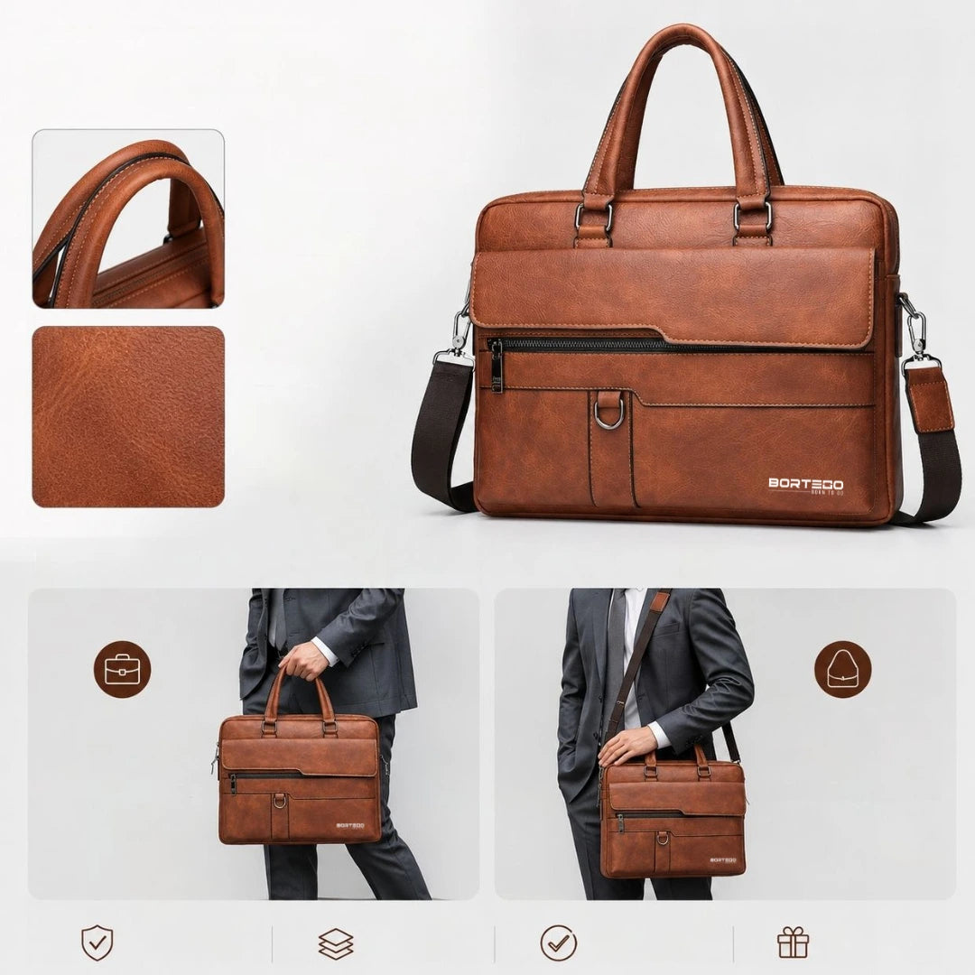 A brown faux-leather briefcase with dual top handles and a detachable shoulder strap, shown on a light gray background with detail insets and two lifestyle model shots wearing the bag.