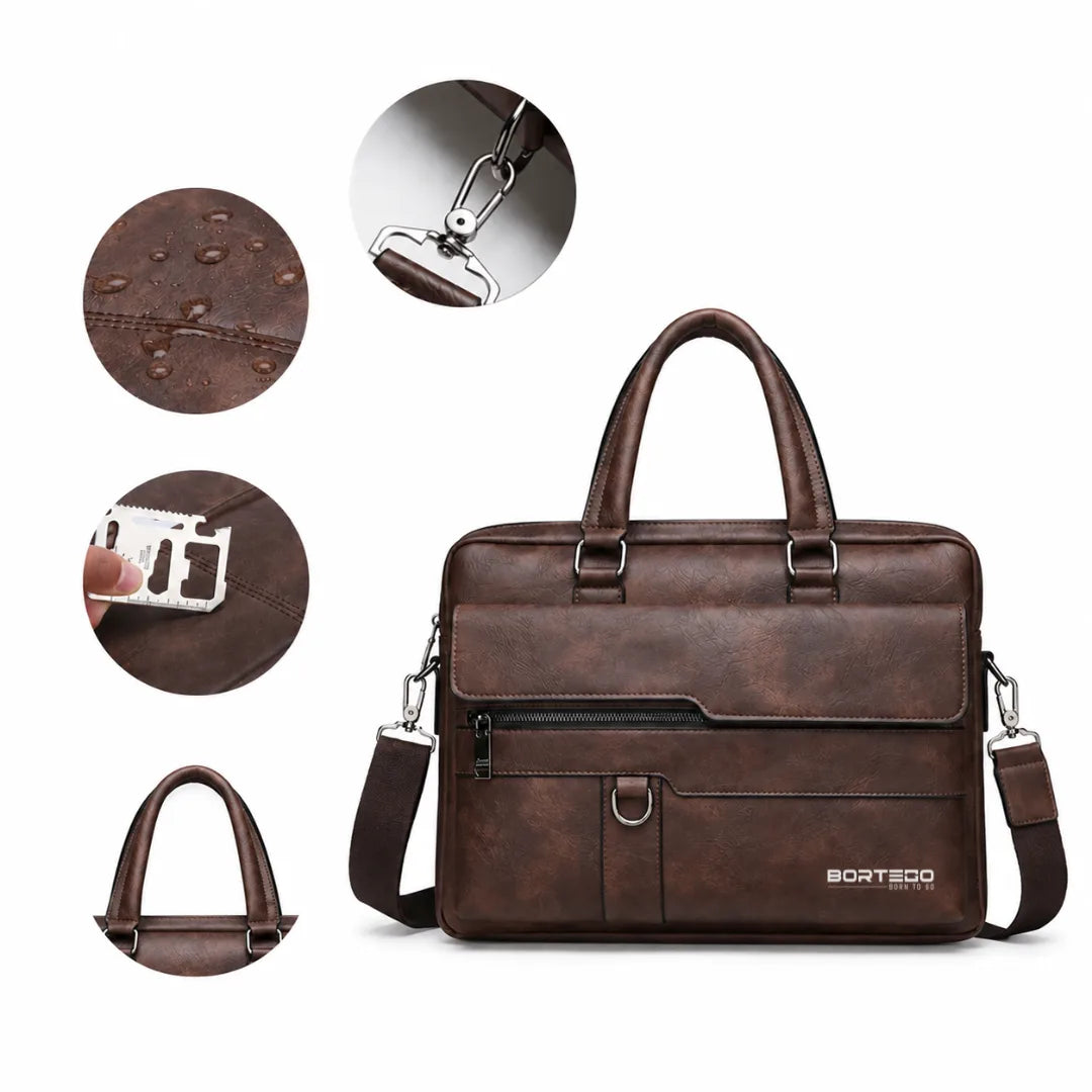 A brown faux-leather briefcase-style bag with dual top handles, a detachable shoulder strap, front zip pocket, and a visible BORTEGO logo on the lower right. Four circular inset detail shots show water resistance, hardware close-up, zipper strength, and the handle shape, all on a white background.