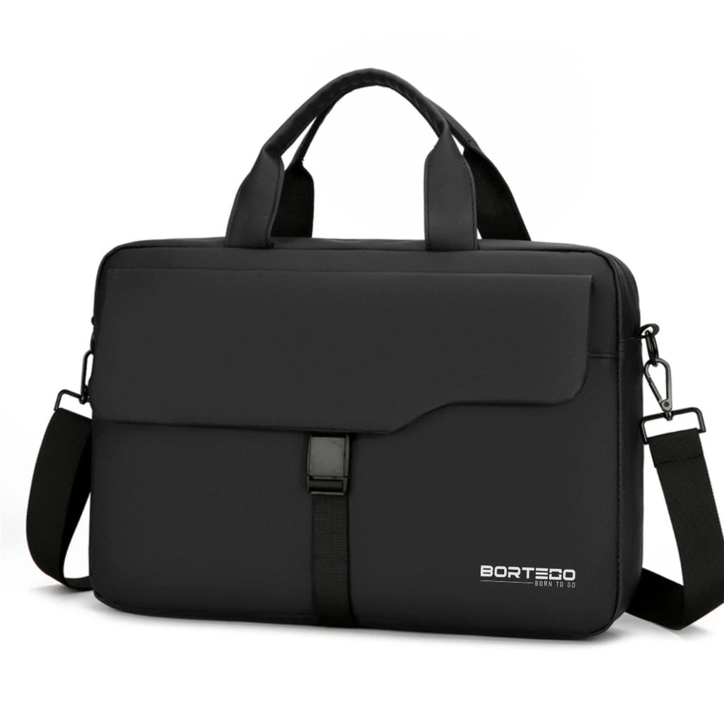 A black BORTEGO laptop briefcase with dual top handles, a detachable shoulder strap, and a front flap pocket, shown on a plain white background.