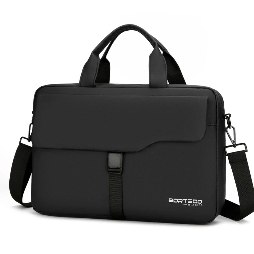 A black BORTEGO laptop briefcase with dual top handles, a detachable shoulder strap, and a front flap pocket, shown on a plain white background.