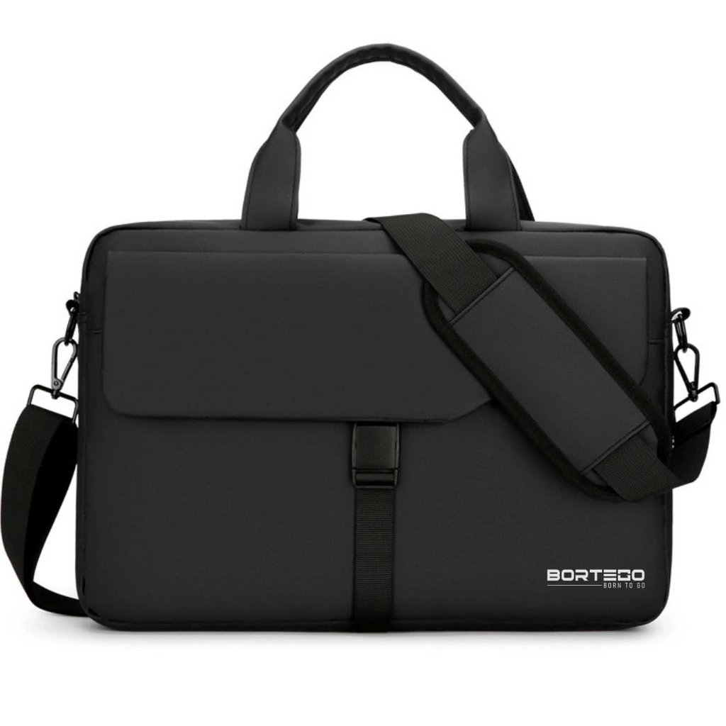 A black BORTEGO laptop briefcase with a top handle, adjustable shoulder strap, and front flap closure, shown on a plain white background.