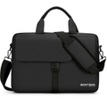 A black BORTEGO laptop briefcase with a top handle, adjustable shoulder strap, and front flap closure, shown on a plain white background.