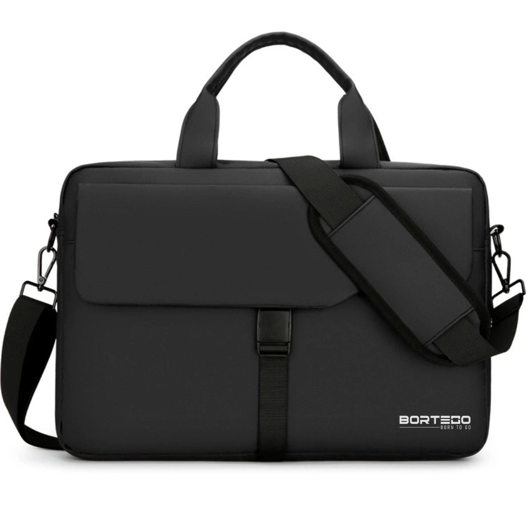A black BORTEGO laptop briefcase with a top handle, adjustable shoulder strap, and front flap closure, shown on a plain white background.