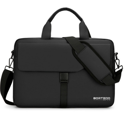 A black BORTEGO laptop briefcase with a top handle, adjustable shoulder strap, and front flap closure, shown on a plain white background.
