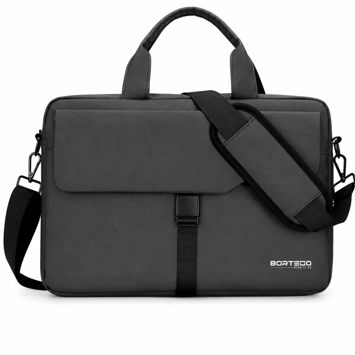 A dark gray BORTEGO laptop briefcase with a top handle, adjustable shoulder strap, and front flap closure, shown on a plain white background.