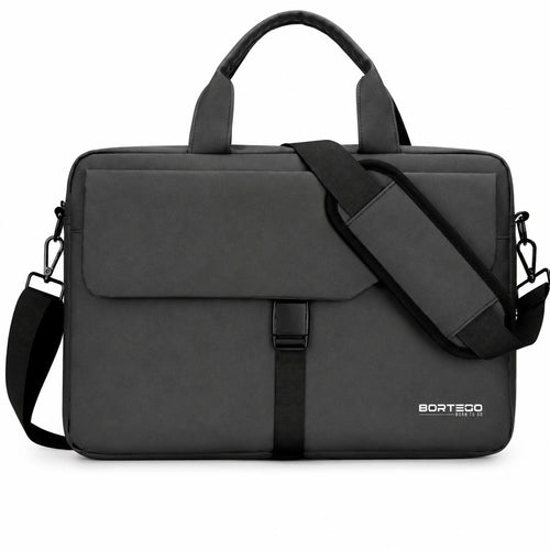 A dark gray BORTEGO laptop briefcase with a top handle, adjustable shoulder strap, and front flap closure, shown on a plain white background.