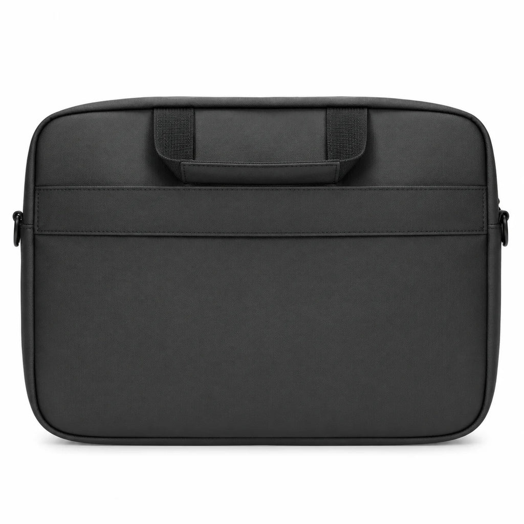 A black laptop sleeve or briefcase-style bag with a top carry handle, shown from the back against a plain white background.