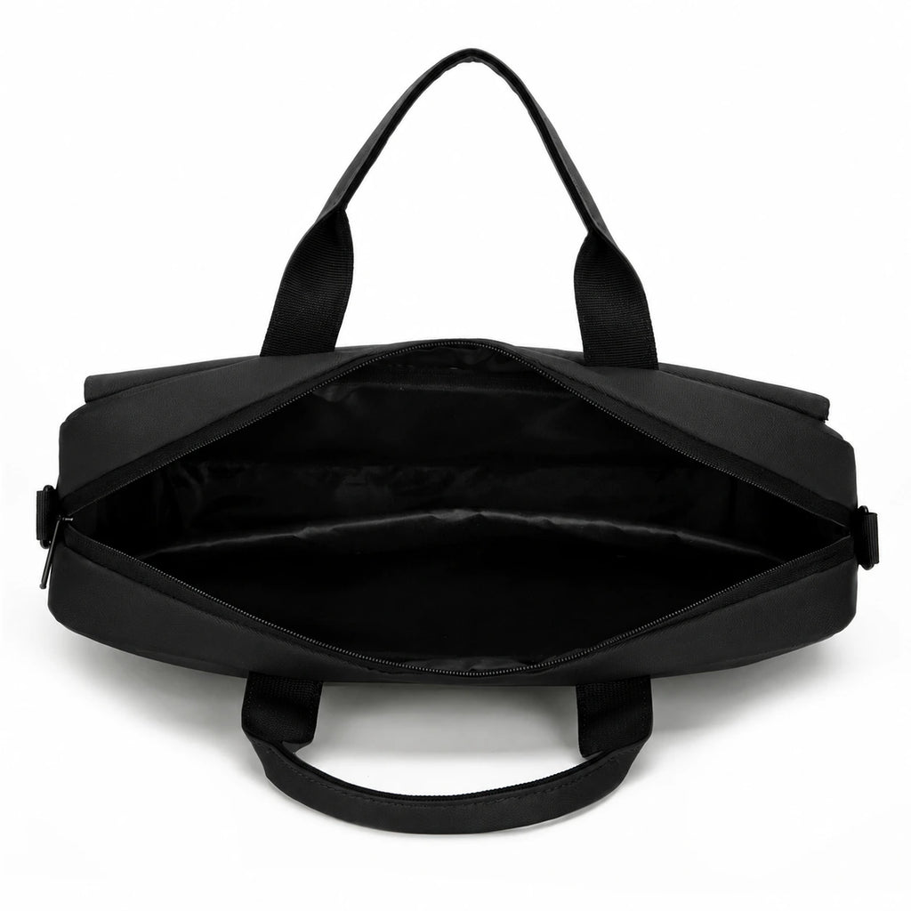 Black nylon duffel bag shown open from a top-down view, displaying its spacious interior and dual top handles against a plain white background.