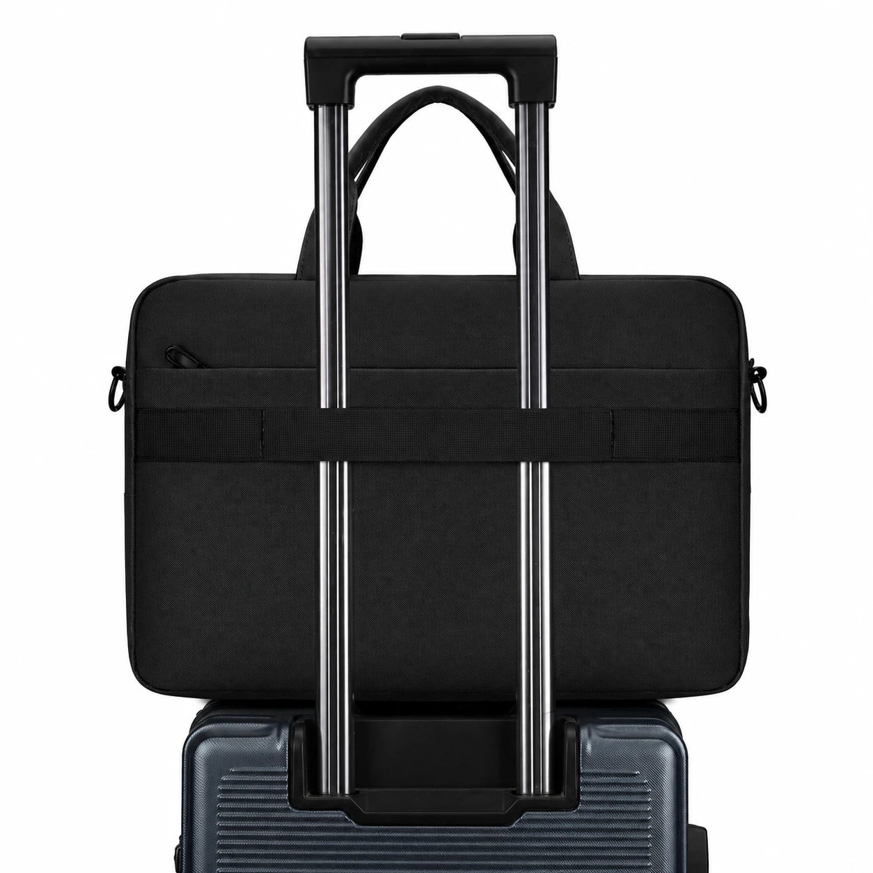 A black laptop briefcase with an integrated telescoping handle, shown mounted on top of a dark blue rolling suitcase against a plain white background.