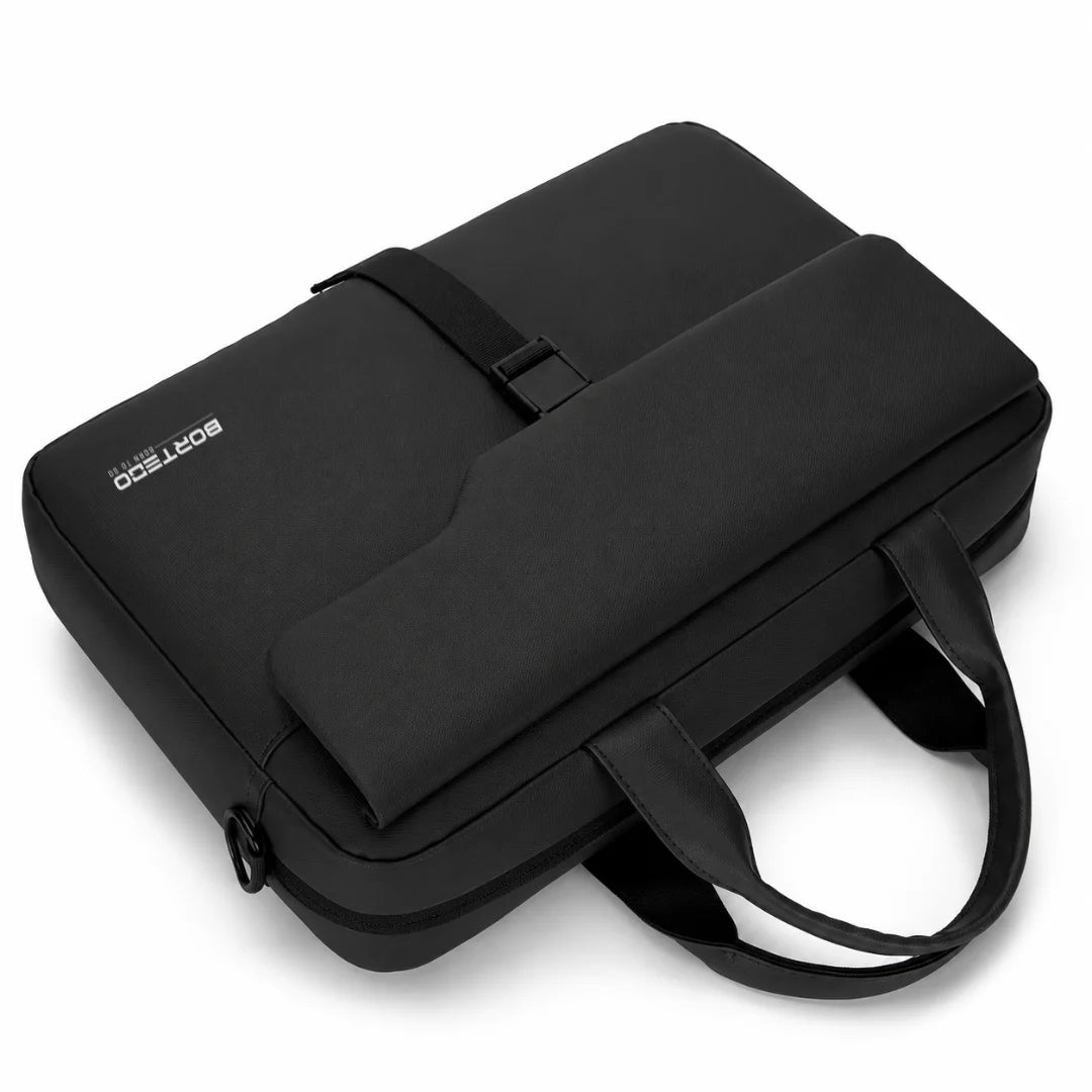 A black laptop sleeve with a front flap, top zipper, and carrying handles, shown on a clean white background. The brand name  BORTEGO.