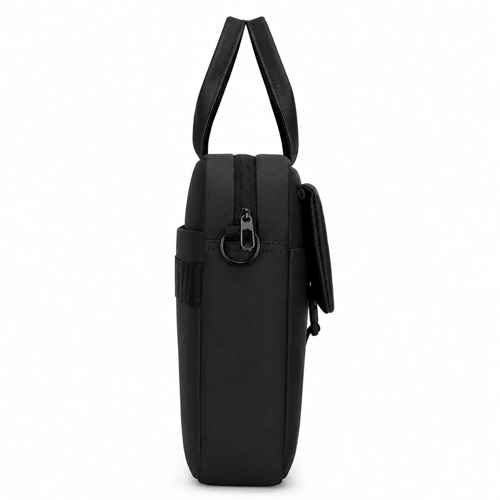 A black structured shoulder bag shown from the side profile against a solid white background.