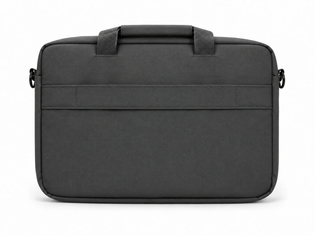 A dark gray fabric laptop sleeve or briefcase with dual top handles and a horizontal stitched detail across the front, shown against a plain white background.