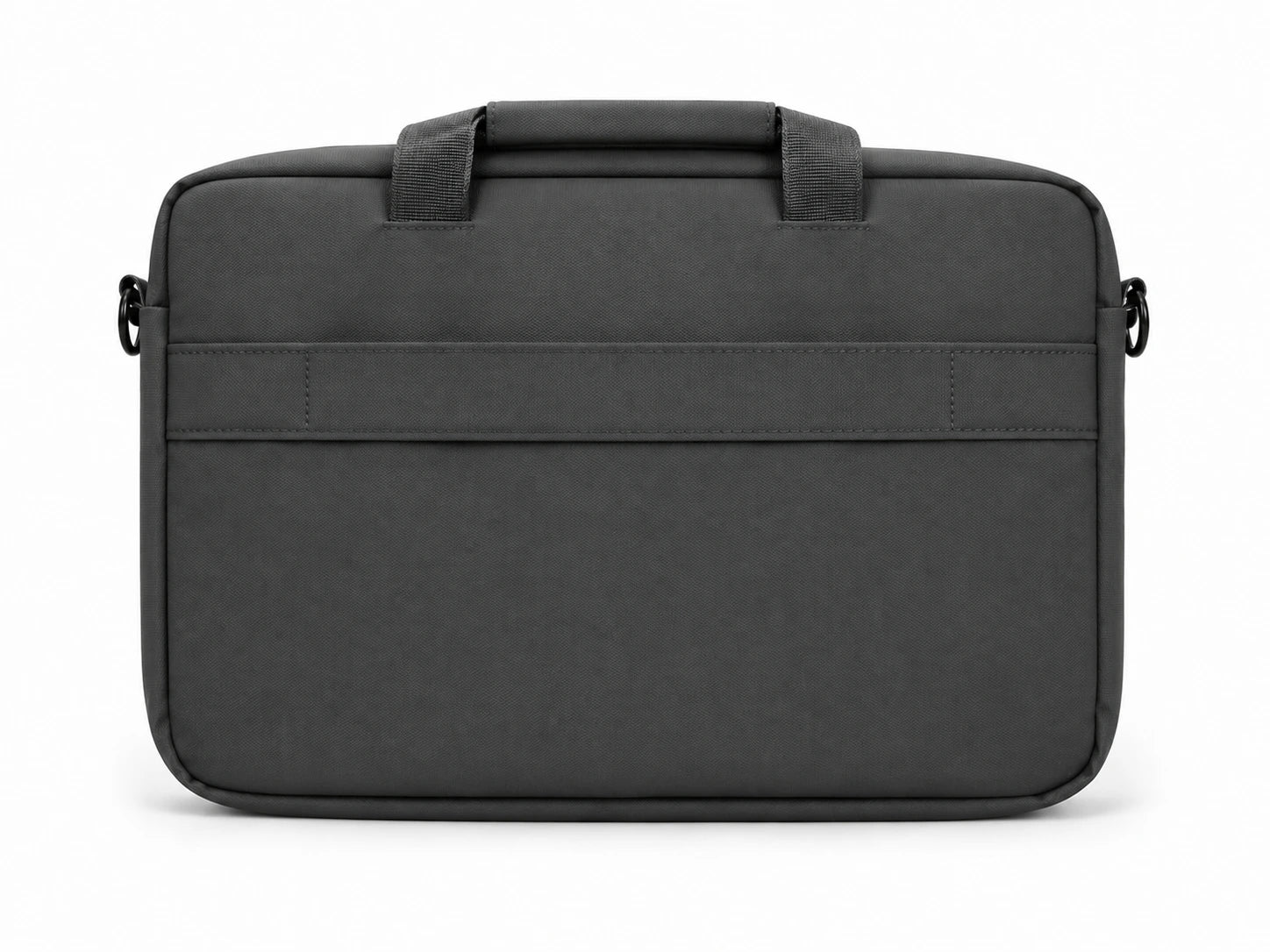 A dark gray fabric laptop sleeve or briefcase with dual top handles and a horizontal stitched detail across the front, shown against a plain white background.