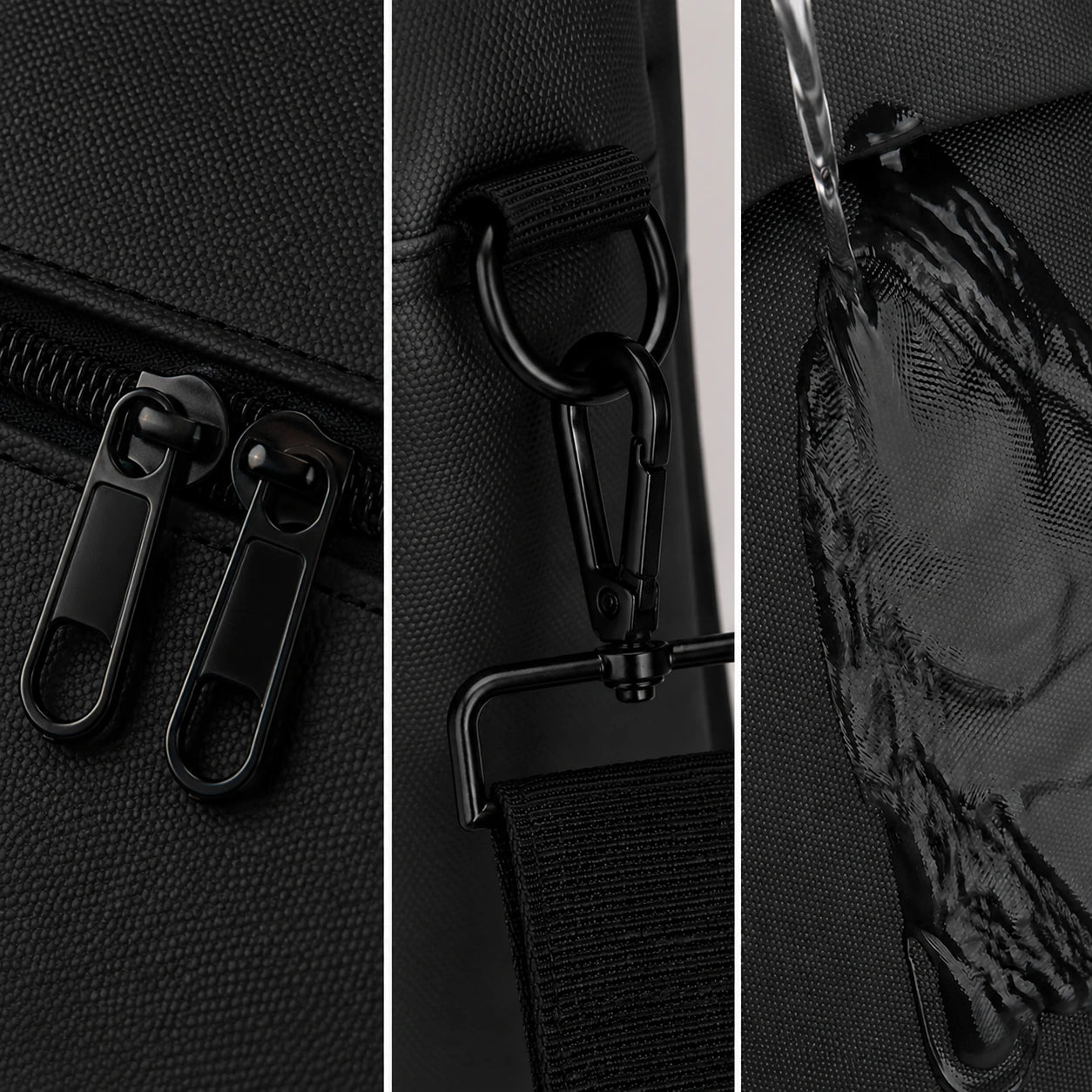 Close-up detail collage of a black textured bag: two zipper pulls, a black carabiner clip attachment, and water being poured over a waterproof mesh section.