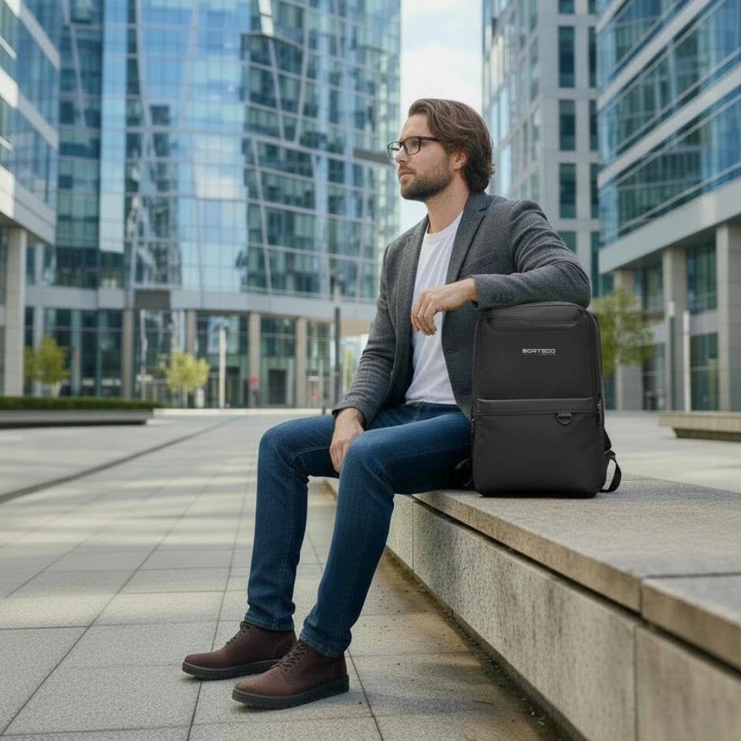 Man sitting on a bench with a black backpack in an urban setting