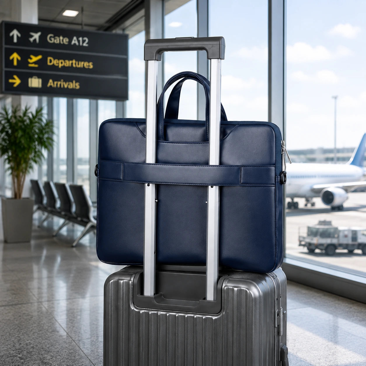 A navy blue leather briefcase with a top handle and a wrap-around strap, shown on top of a silver rolling suitcase in an airport terminal with departure signs and an airplane visible through the window.