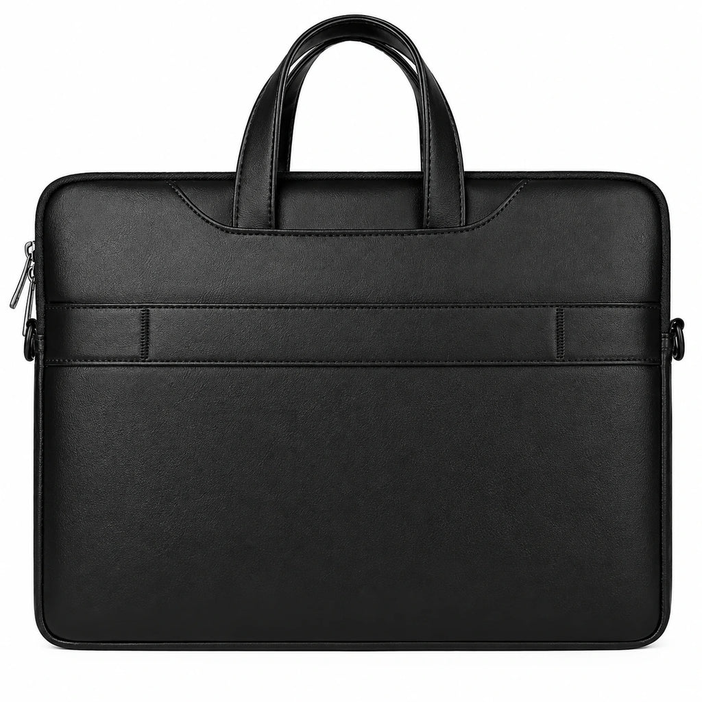 Black faux-leather briefcase with dual top handles, a zippered main compartment, and a horizontal stitched detail across the front, shown on a plain white background.