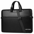 A black BORTEGO briefcase-style laptop bag with dual top handles and a detachable shoulder strap, shown on a plain white background.