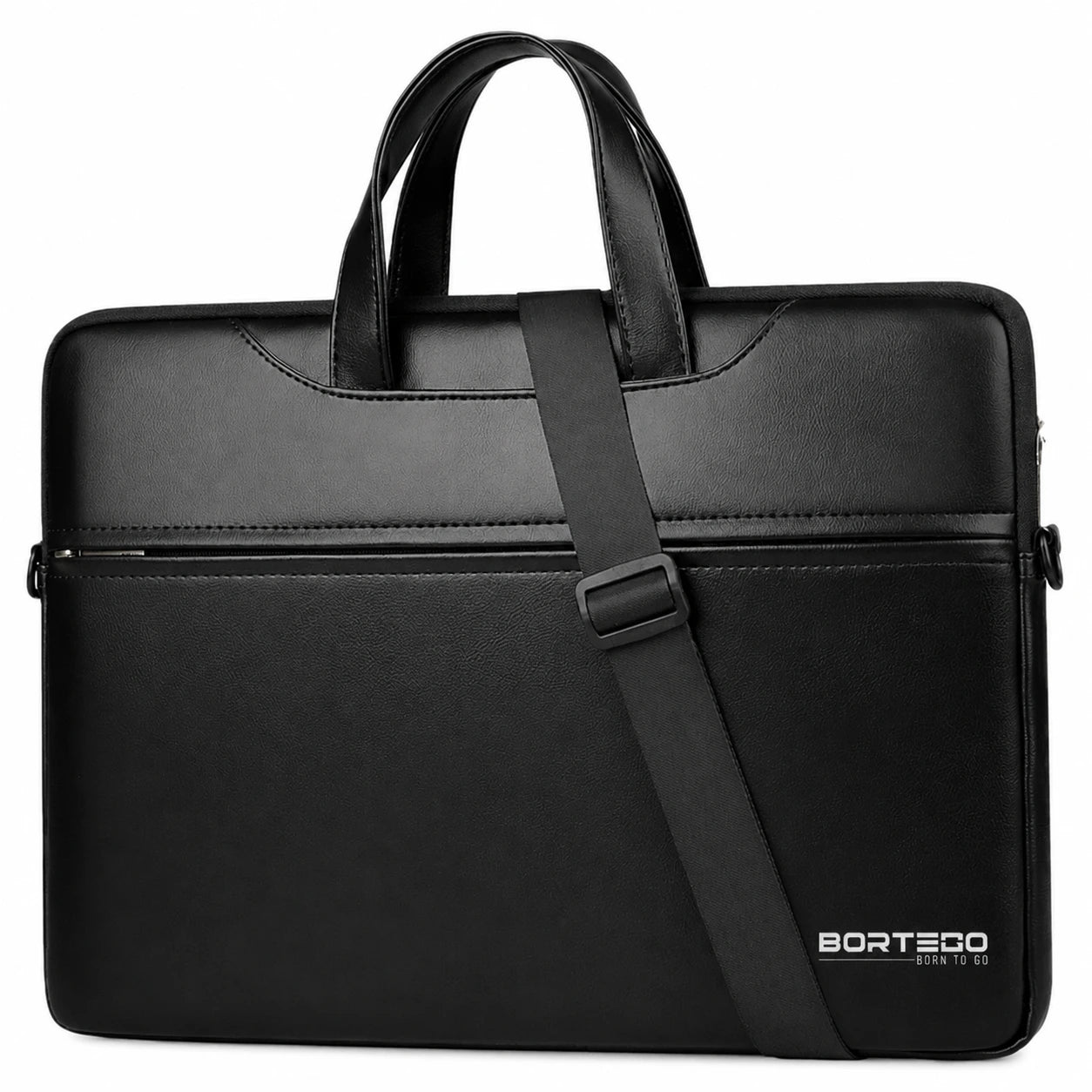 A black BORTEGO briefcase-style laptop bag with dual top handles and a detachable shoulder strap, shown on a plain white background.