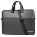 A dark gray BORTEGO laptop briefcase with a top handle, a diagonal black shoulder strap, and a front zippered pocket, shown on a plain white background.