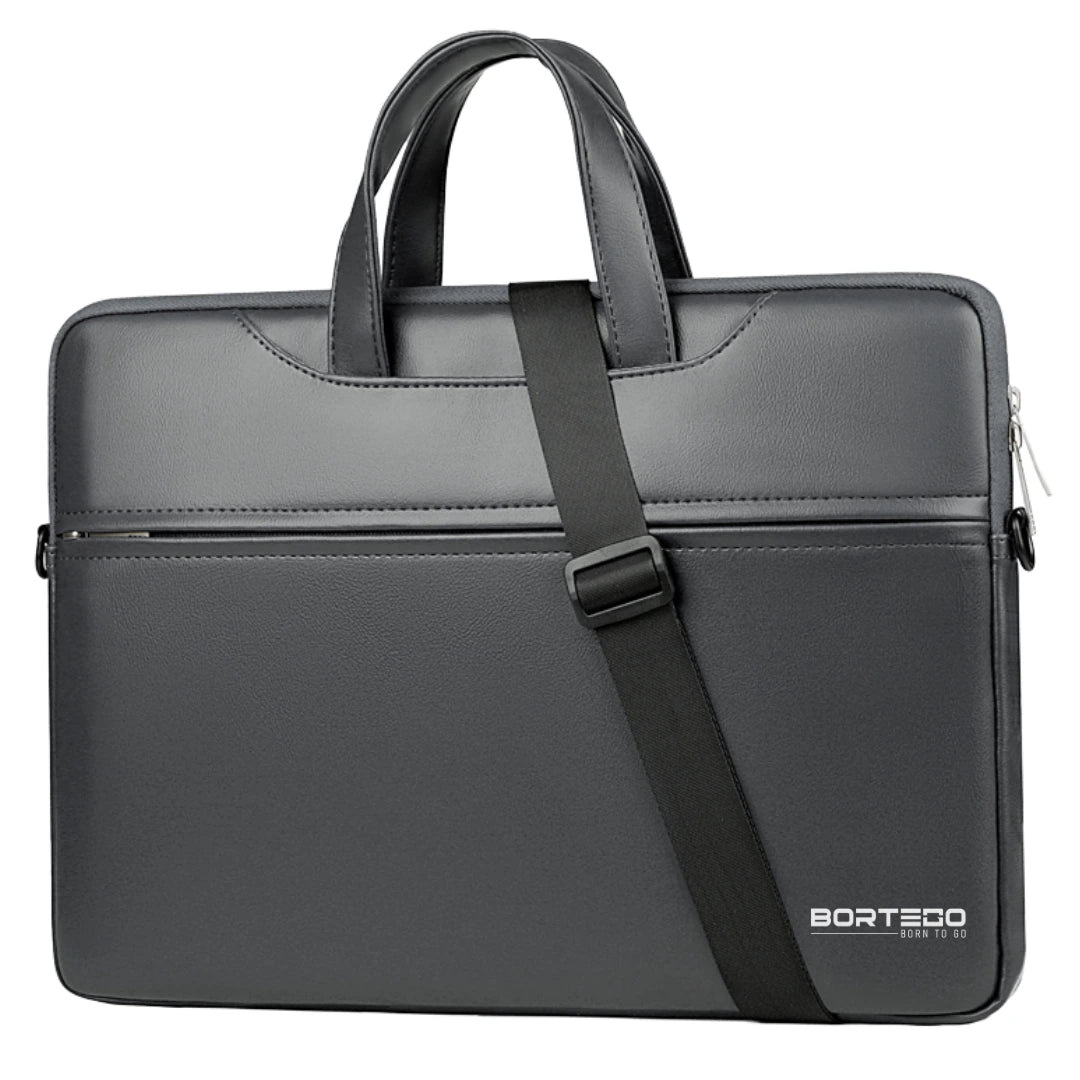 A dark gray BORTEGO laptop briefcase with a top handle, a diagonal black shoulder strap, and a front zippered pocket, shown on a plain white background.