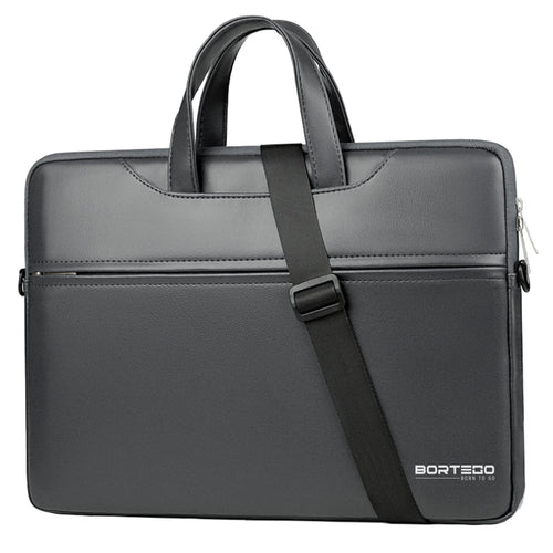 A dark gray BORTEGO laptop briefcase with a top handle, a diagonal black shoulder strap, and a front zippered pocket, shown on a plain white background.