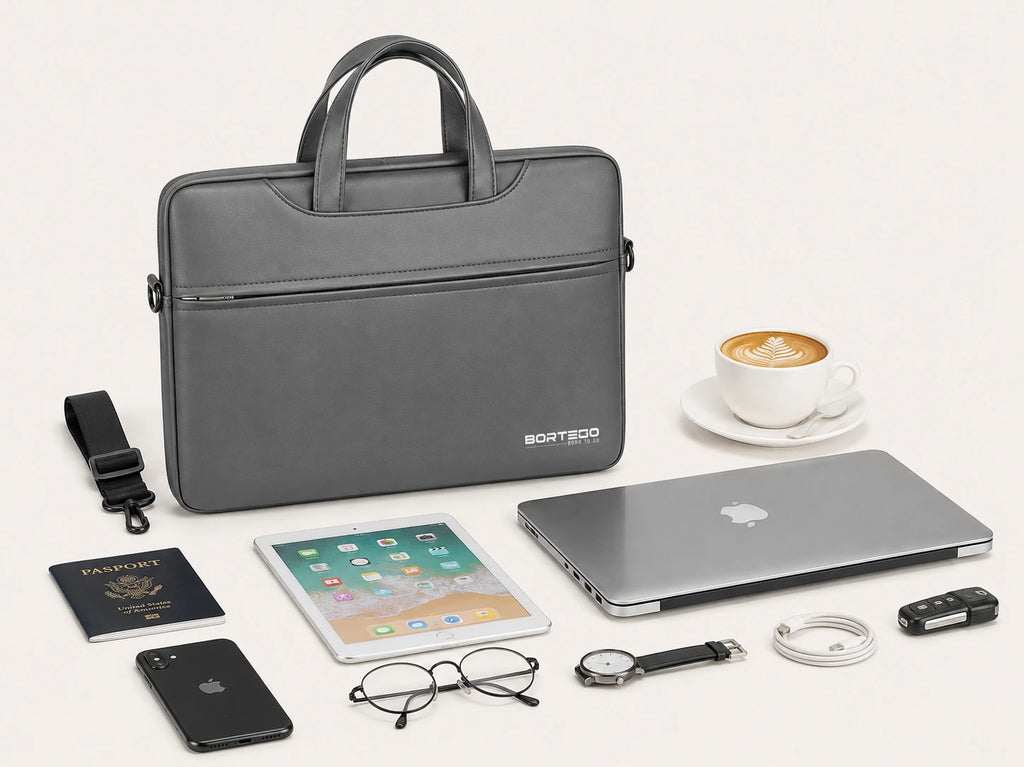 A dark gray laptop sleeve by BORTEGO is displayed on a clean off-white background, surrounded by various lifestyle tech accessories including a closed silver laptop, an iPad, a smartphone, eyeglasses, a watch, a USB drive, a strap, a passport, and a cup of coffee.