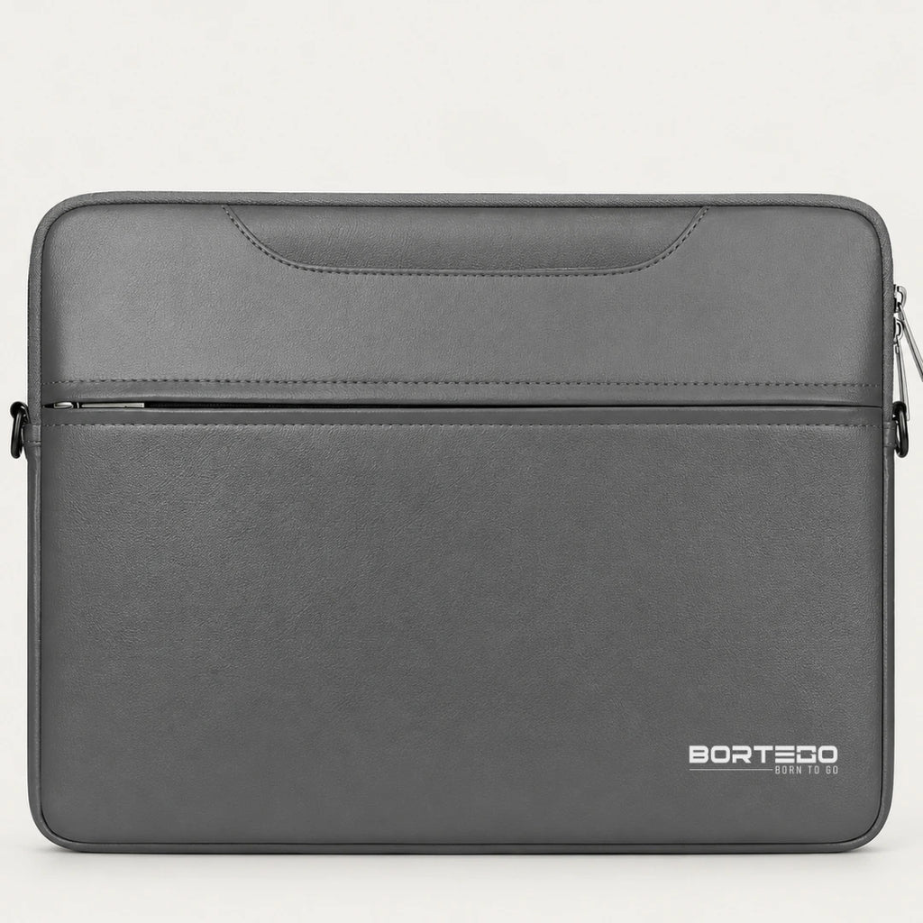 A dark gray BORTEGO laptop sleeve with a front zippered pocket and a top handle, shown against a plain light gray background.