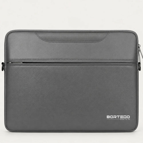 A dark gray BORTEGO laptop sleeve with a front zippered pocket and a top handle, shown against a plain light gray background.