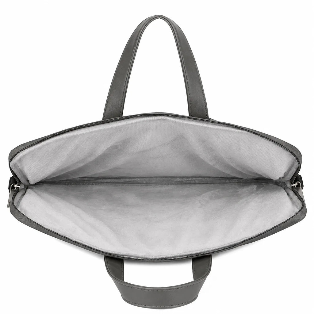 An open gray tote bag with a light gray interior lining and dark gray handles, shown against a plain white background.