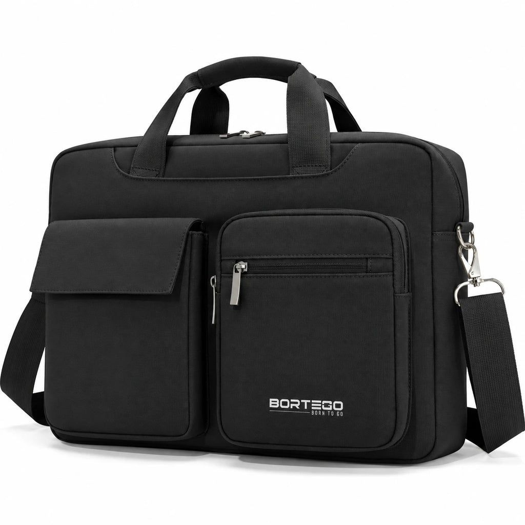 A black BORTEGO briefcase-style laptop bag with dual top handles, a front flap pocket, a front zippered pocket, and an adjustable shoulder strap, shown on a clean white background.