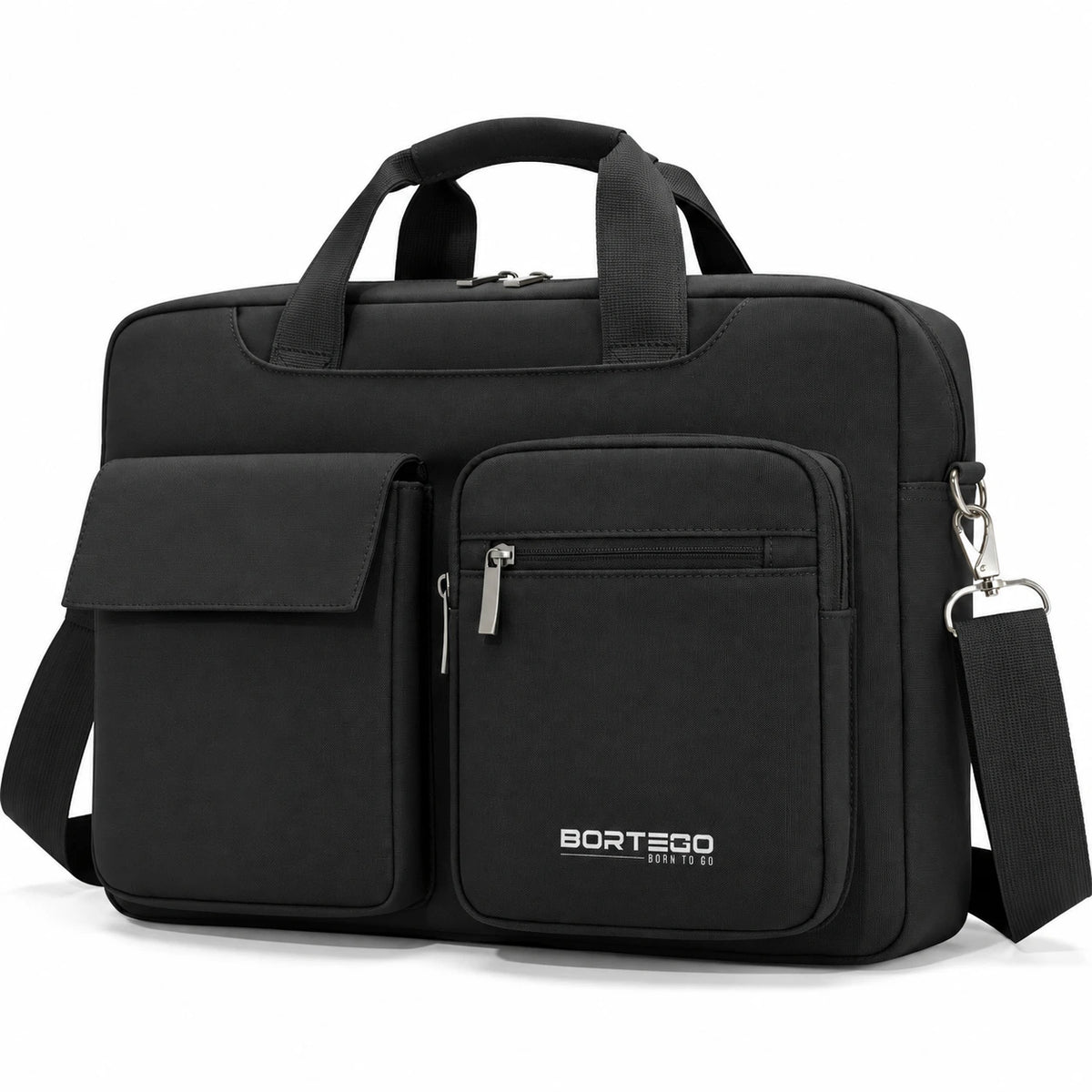 A black BORTEGO briefcase-style laptop bag with dual top handles, a front flap pocket, a front zippered pocket, and an adjustable shoulder strap, shown on a clean white background.