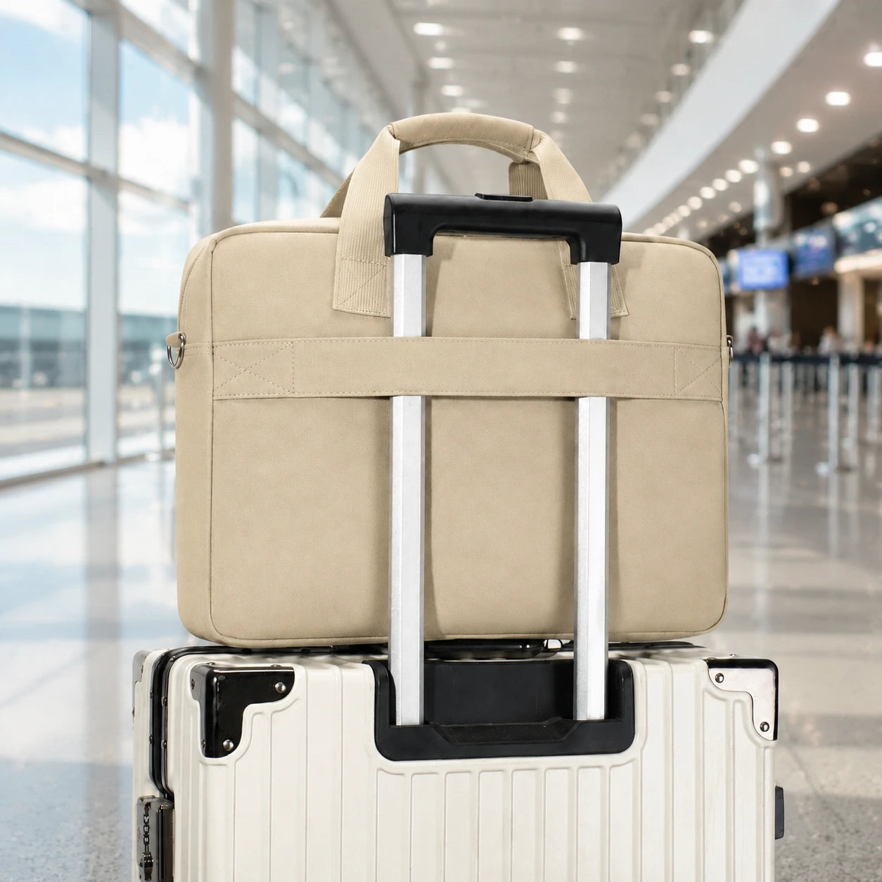 A beige laptop bag with a top handle and side zipper, strapped over a white rolling suitcase in a bright airport terminal.