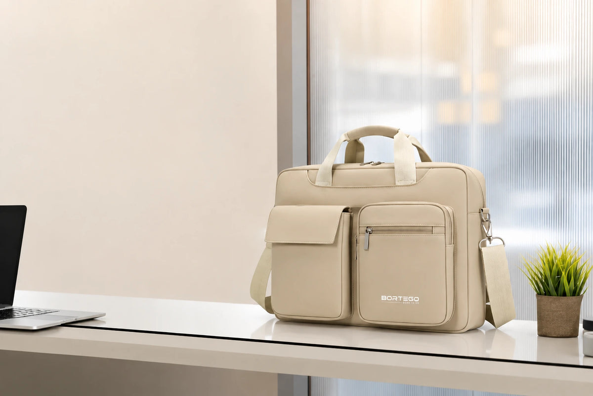 A light beige Bortego briefcase-style laptop bag with dual top handles, a front flap pocket, and a zippered front pocket, displayed on a white desk next to a laptop and a small potted plant.
