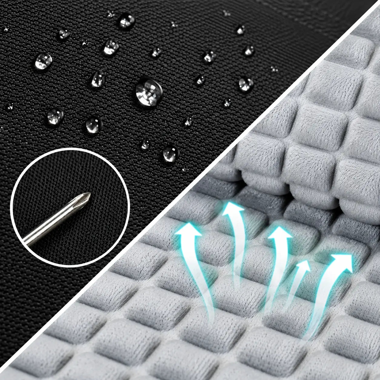 Close-up of a dual-sided product showing black waterproof fabric with water droplets and a circular inset of a metal pin penetrating the fabric, alongside a light gray textured breathable fabric with glowing blue airflow arrows.