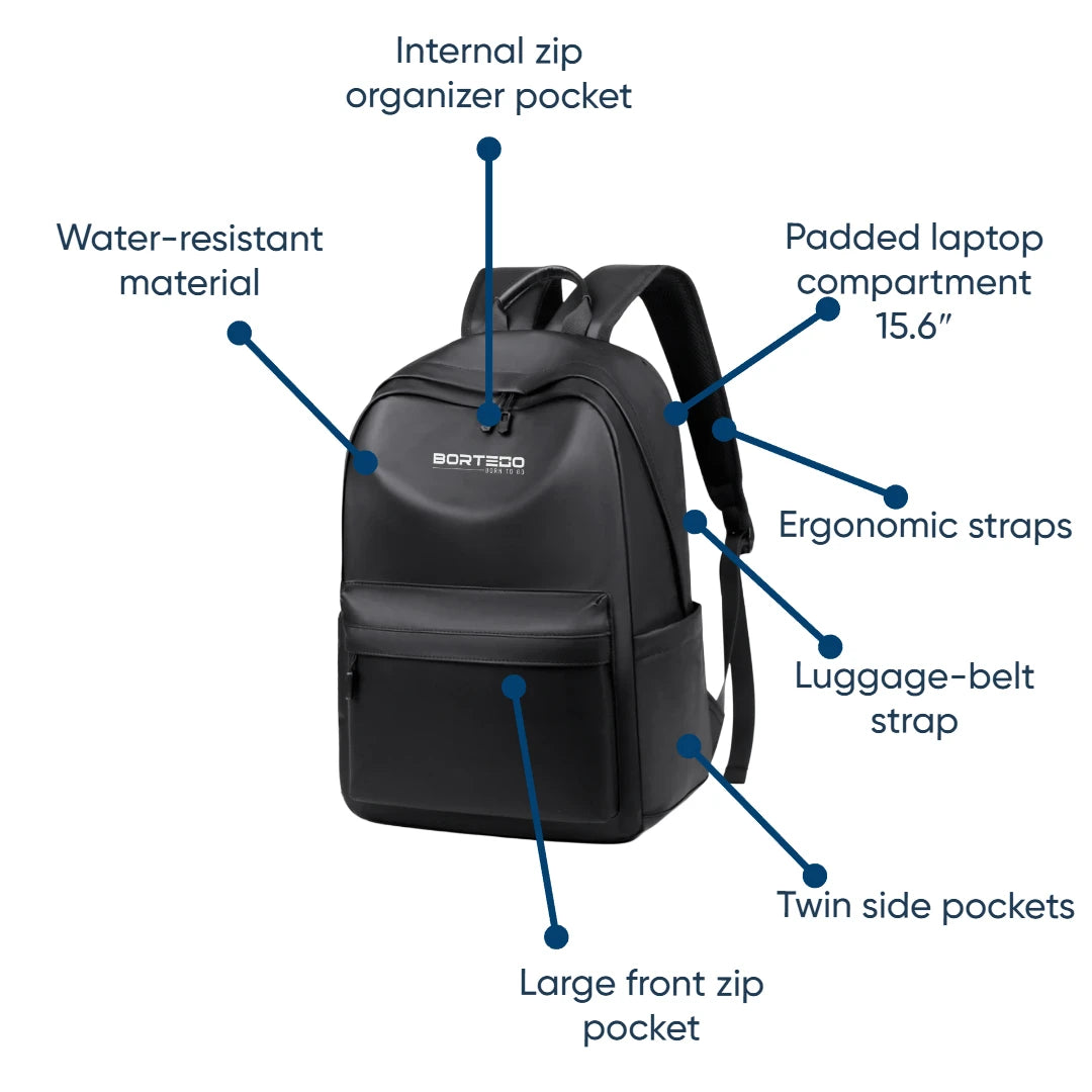 Black backpack with labeled features on a white background