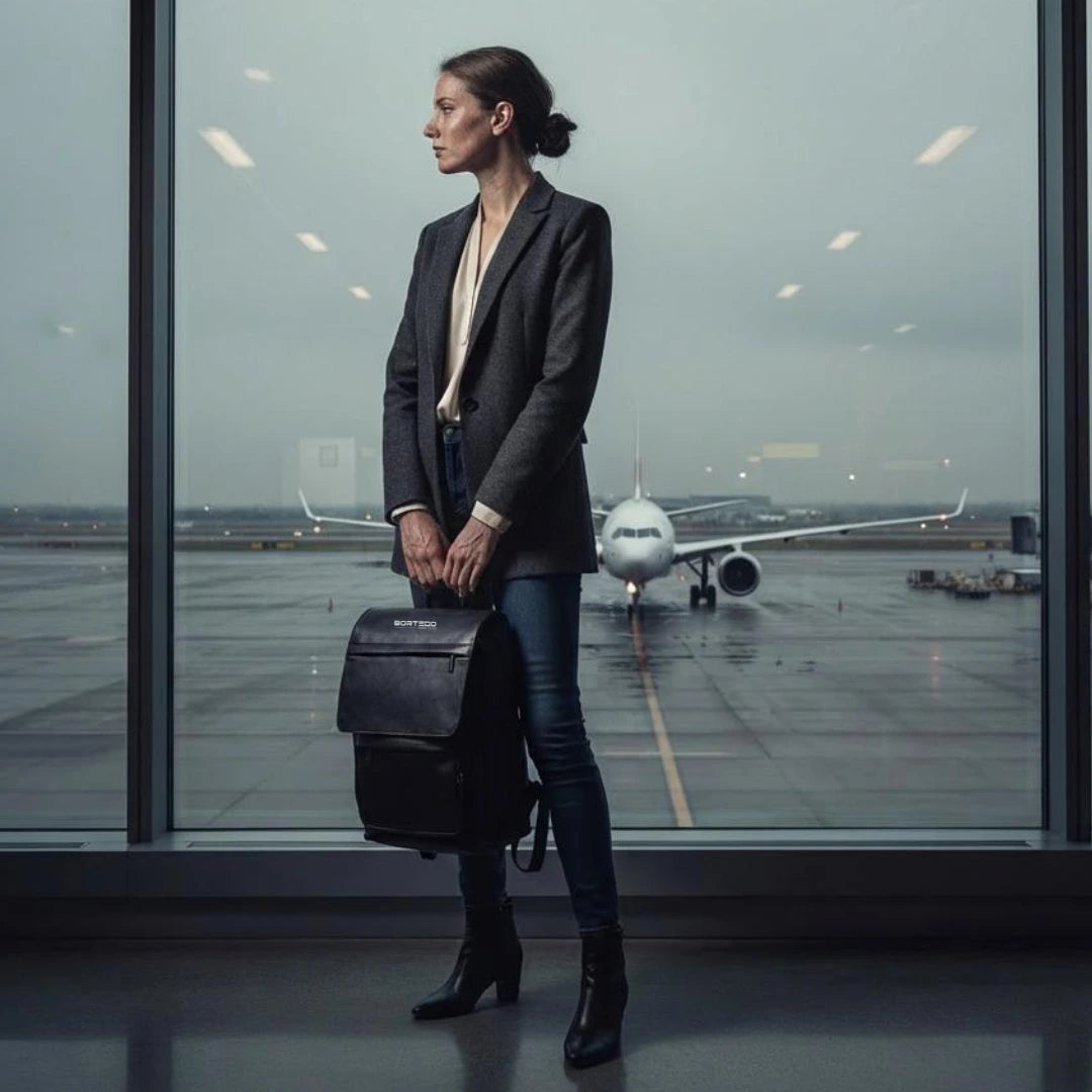 Woman with a black bag standing in an airport terminal with an airplane visible outside.