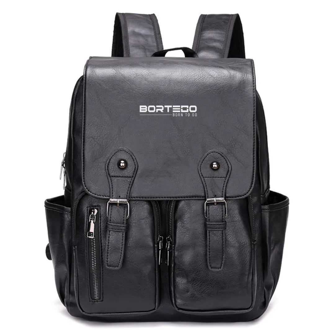 Black backpack with visible brand logo on a white background