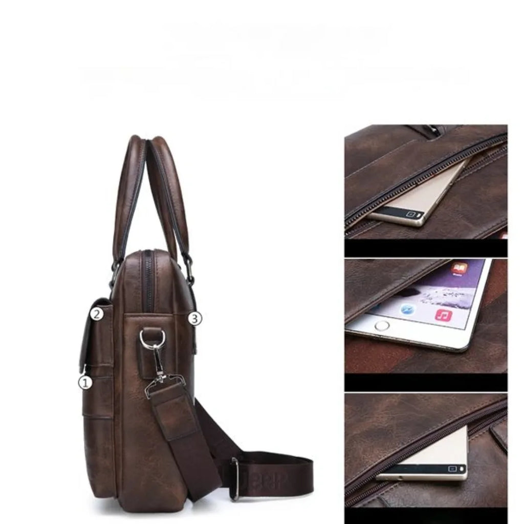 A dark brown leather messenger bag shown on a white background, with three close-up inset images on the right highlighting the zipper pocket, interior compartment, and phone storage.